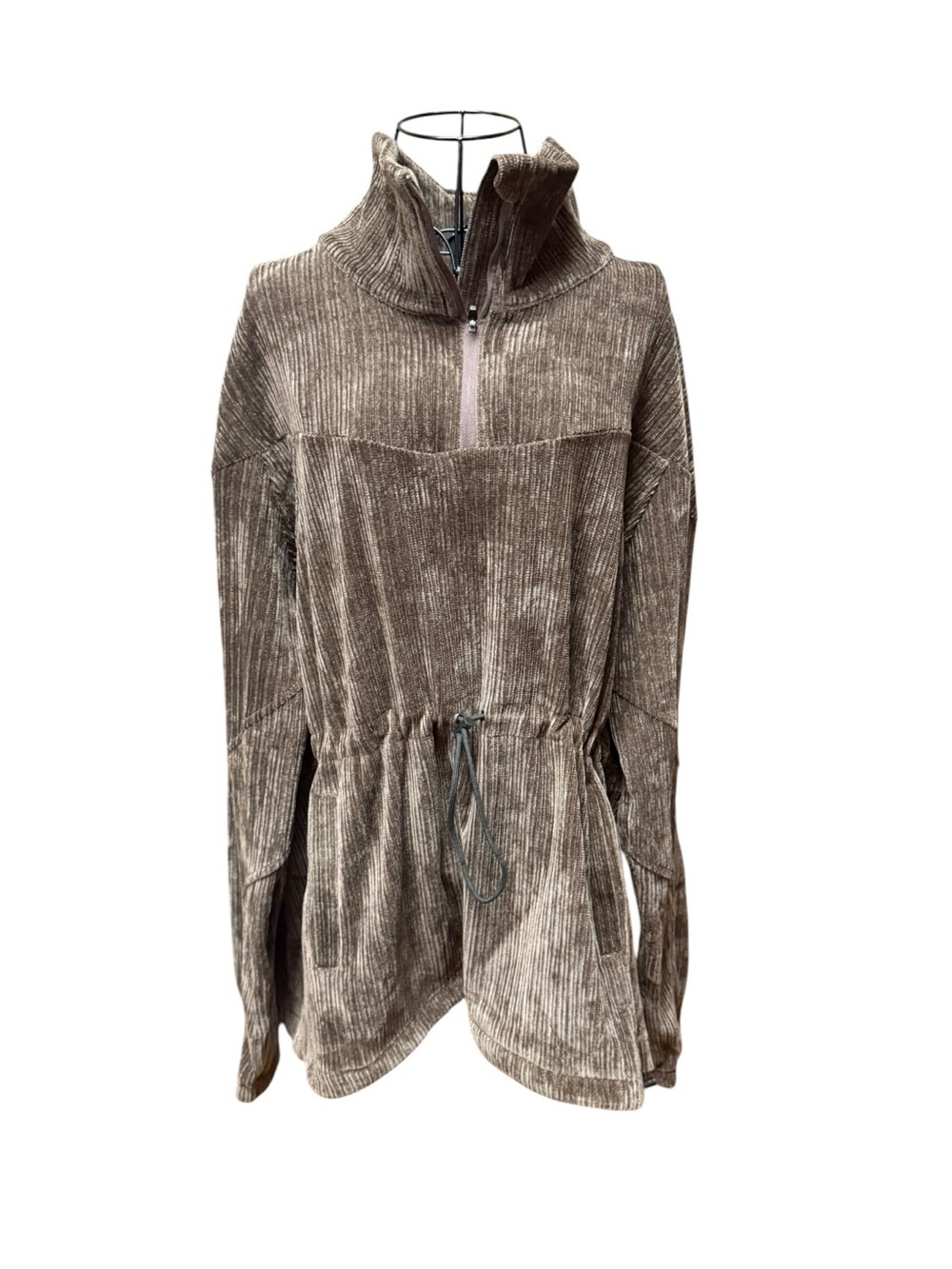 White Birch Black Label Plush Ribbed Half-Zip Oversized Drawstring Tunic -Brown